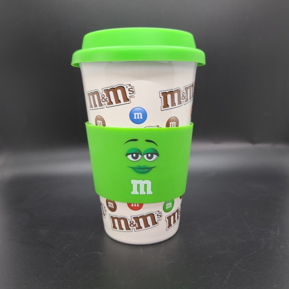 M&M'S Ceramic 16oz Travel Mug. Miss Green 2017. Silicone Lid and Sleeve.
